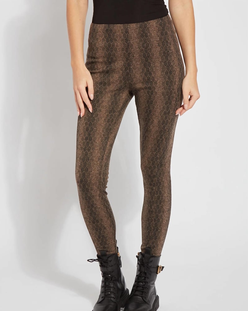 Front of a model wearing a size XLarge Jacquard Laura Legging in Warm Honeycomb in Warm Honeycomb by Lysse. | dia_product_style_image_id:327161